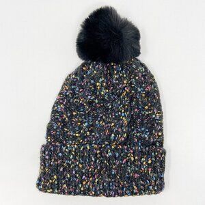 Confetti Cable Knit Pom Pom Beanie Stocking Cap Black